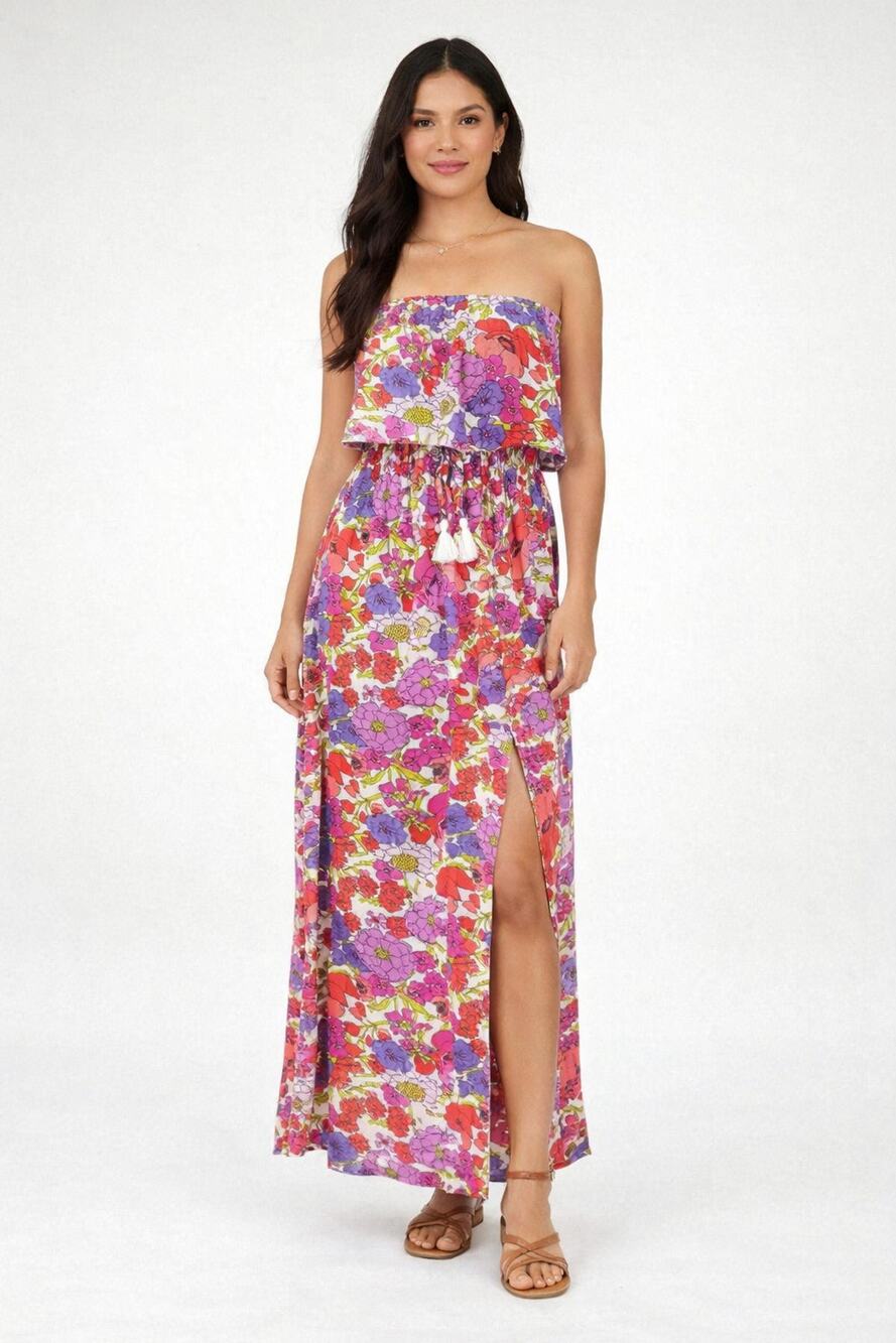 Japna Womens Floral Strapless Maxi Dress Front Slit Size Medium NWT Pink Tassel